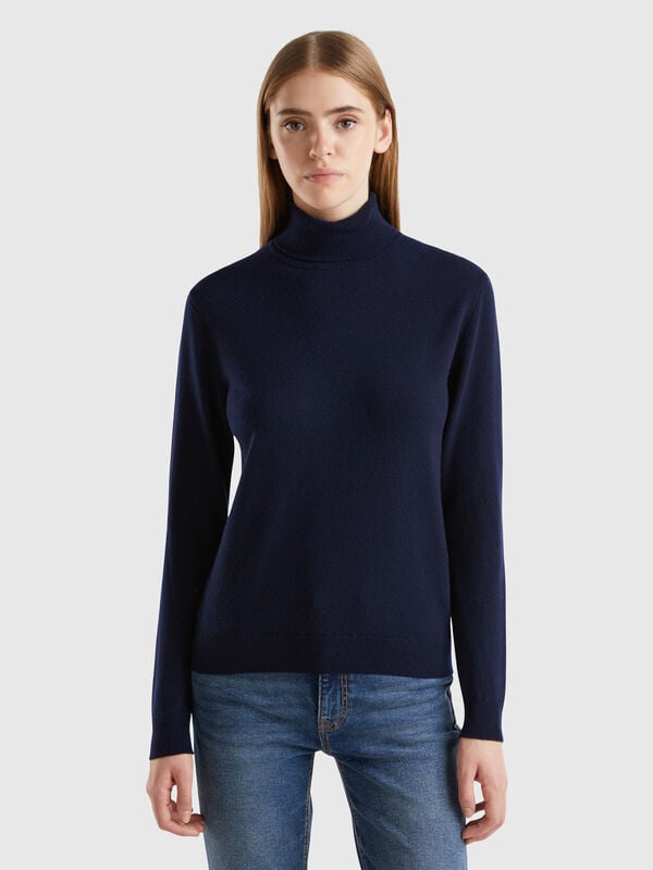 Dark blue turtleneck sweater in pure Merino wool Women