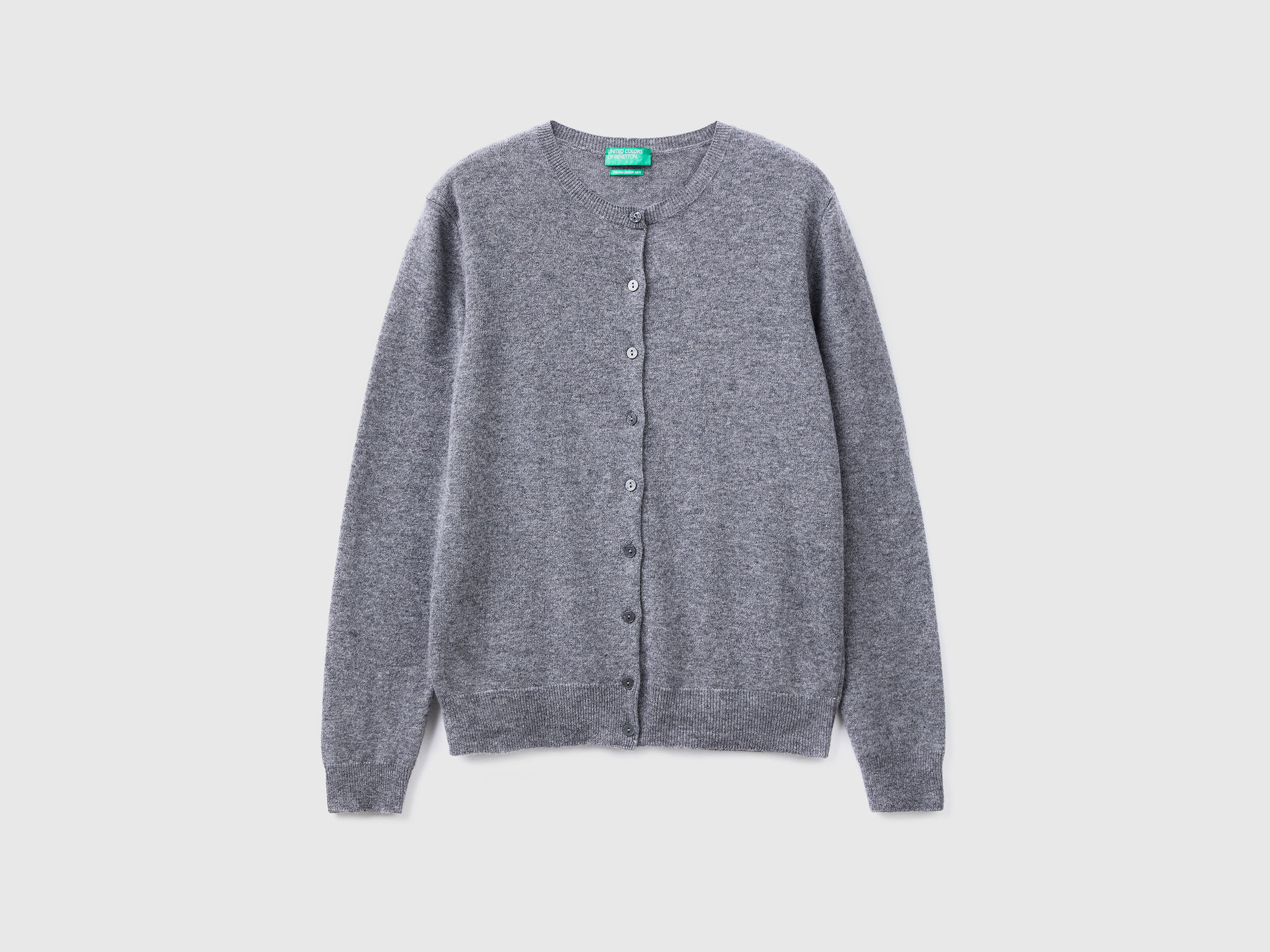 Gray crew neck cardigan in pure Merino wool Gray Benetton