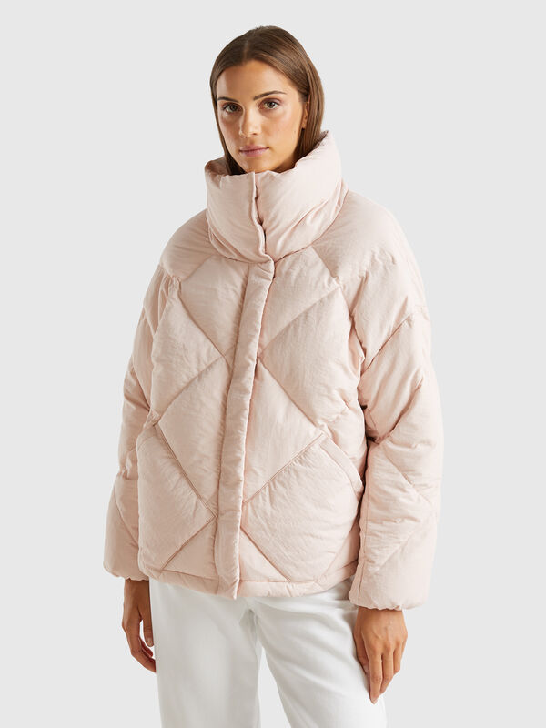High collar puffer jacket in genuine recycled down Women