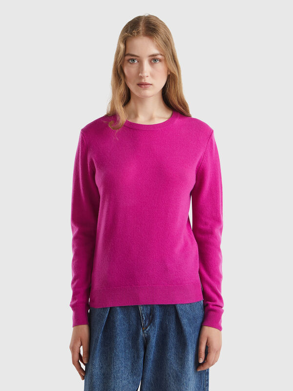 Fuchsia cyclamen crew neck sweater in pure Merino wool Women