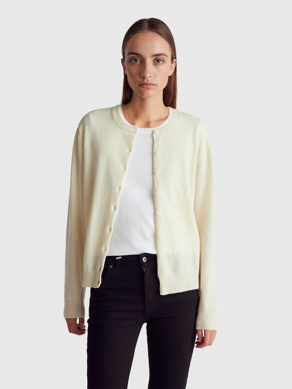 Cream crew neck cardigan in pure Merino wool Women