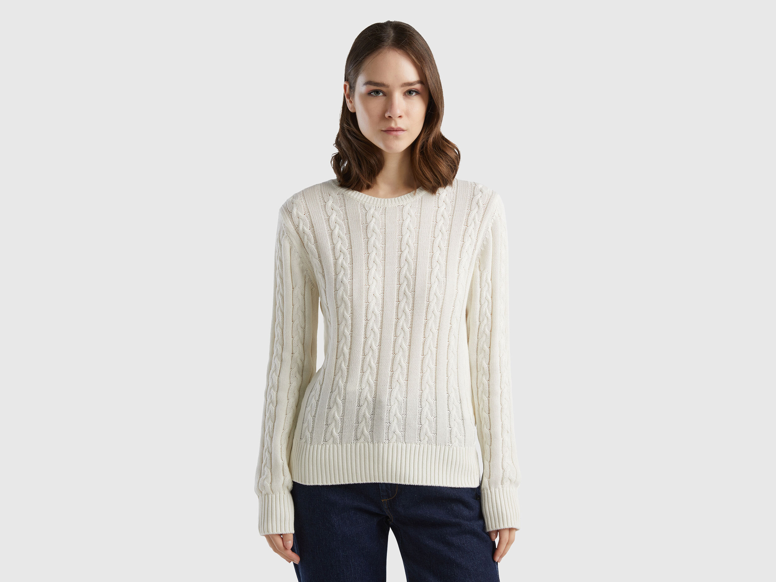 Cable knit sweater 100 cotton Creamy White Benetton