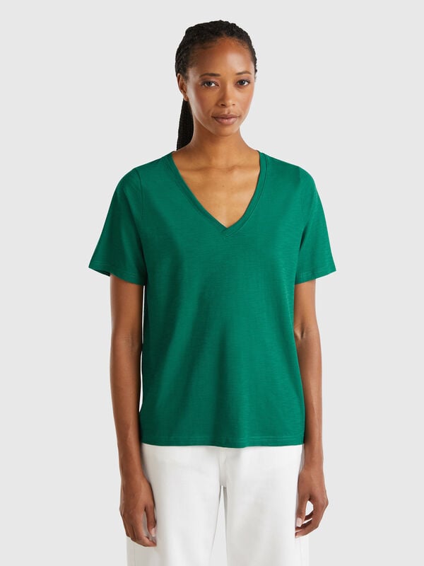 V-neck t-shirt in slub cotton Women