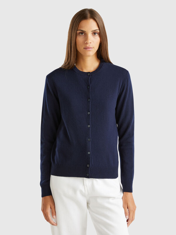 Midnight blue crew neck cardigan in pure Merino wool Women