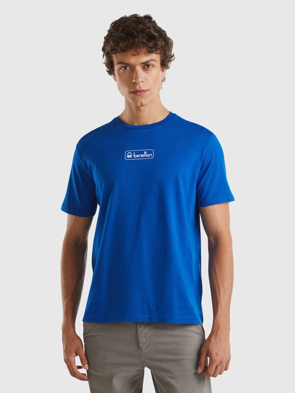 Blue organic cotton t-shirt with white logo Men