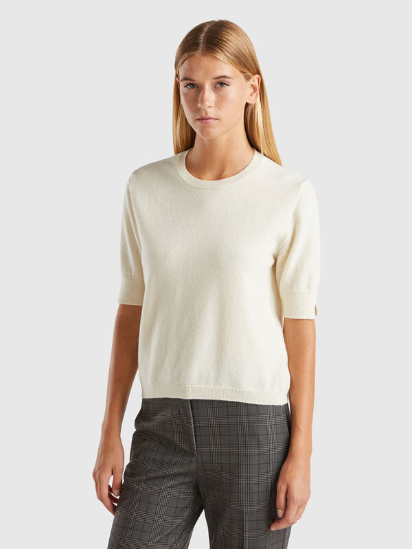Cream short sleeve sweater in pure Merino wool Women