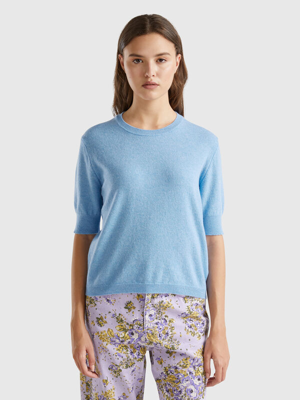 Marl sky blue short sleeve sweater in pure Merino wool Women