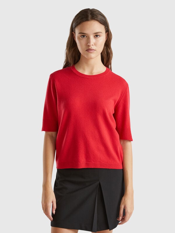 Plum short sleeve sweater in pure Merino wool Women