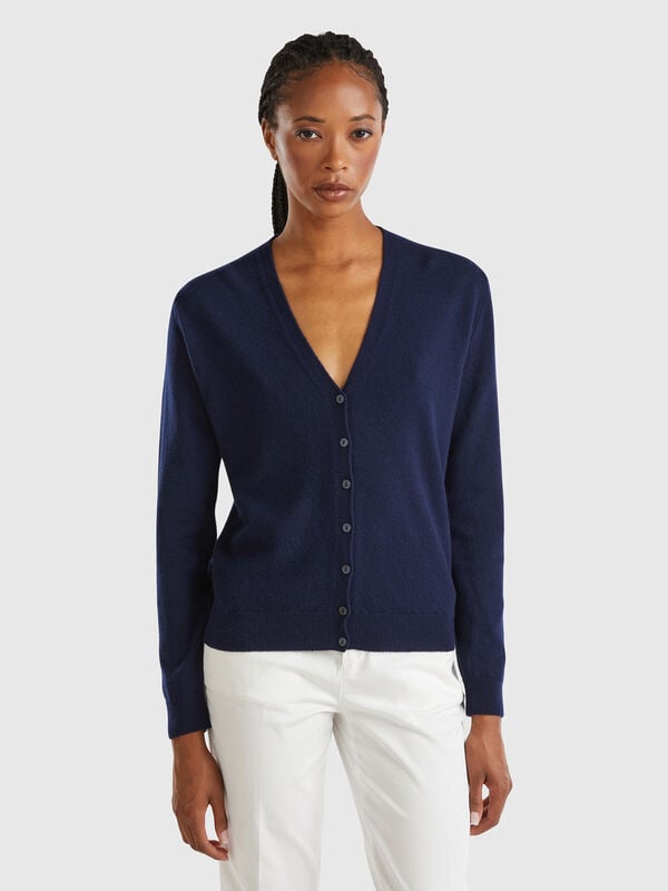 Dark blue V-neck cardigan in pure Merino wool Women