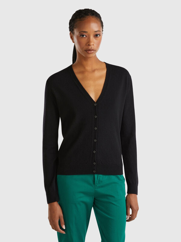 Black V-neck cardigan in pure Merino wool Women