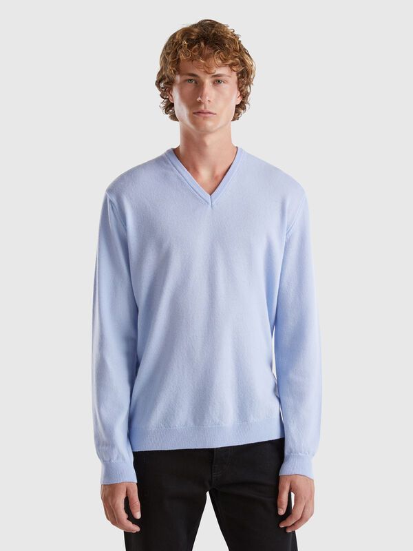 Ocean blue V-neck sweater pure Merino wool Men