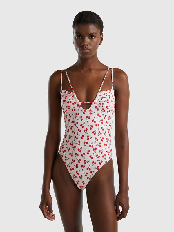 Pink one-piece swimsuit with cherry pattern Women