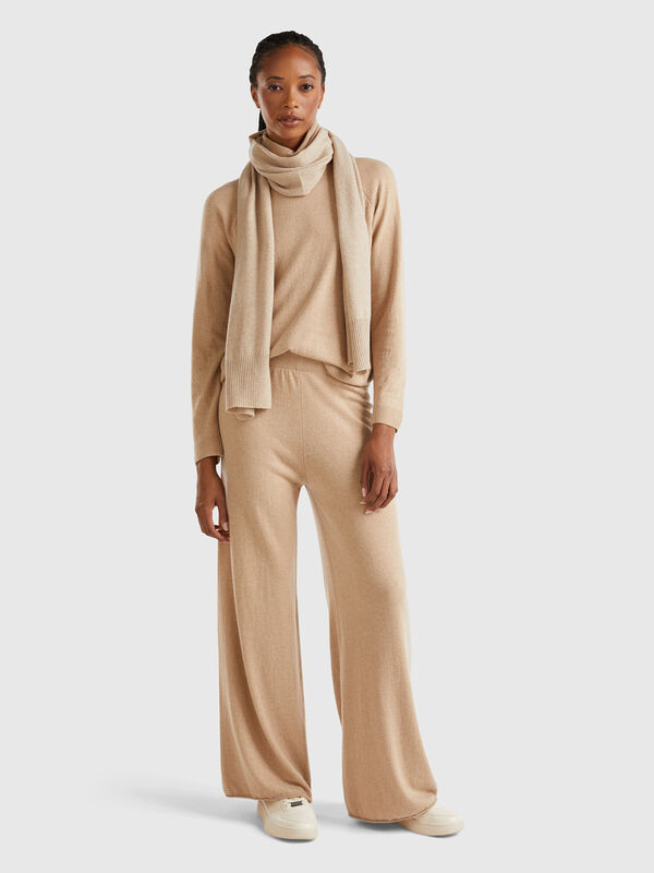 Beige wide leg trousers in cashmere and wool blend Women