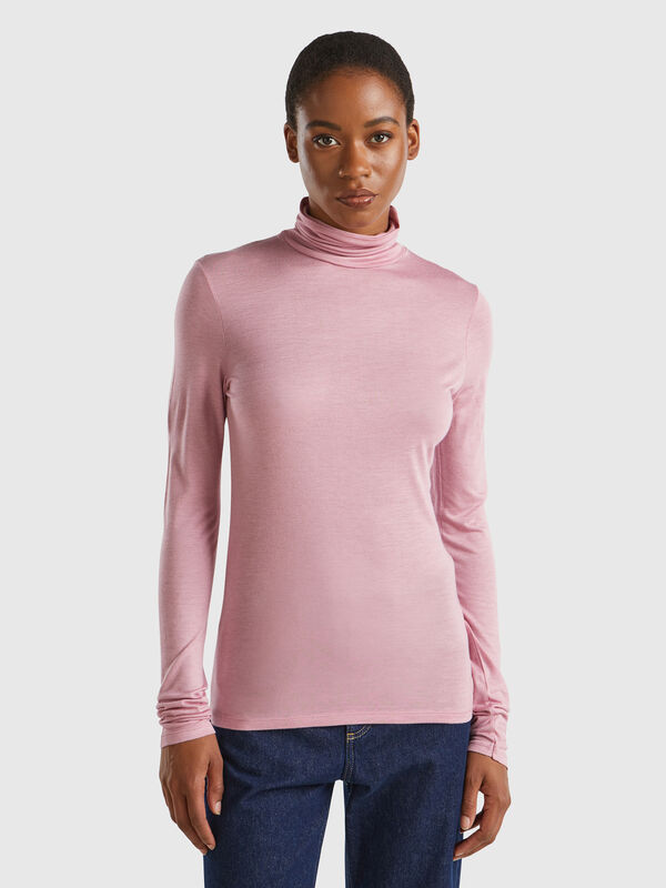 Turtleneck t-shirt in viscose and cashmere blend Women