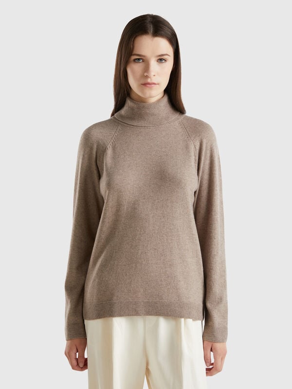 Marl brown turtleneck in wool and cashmere blend Women