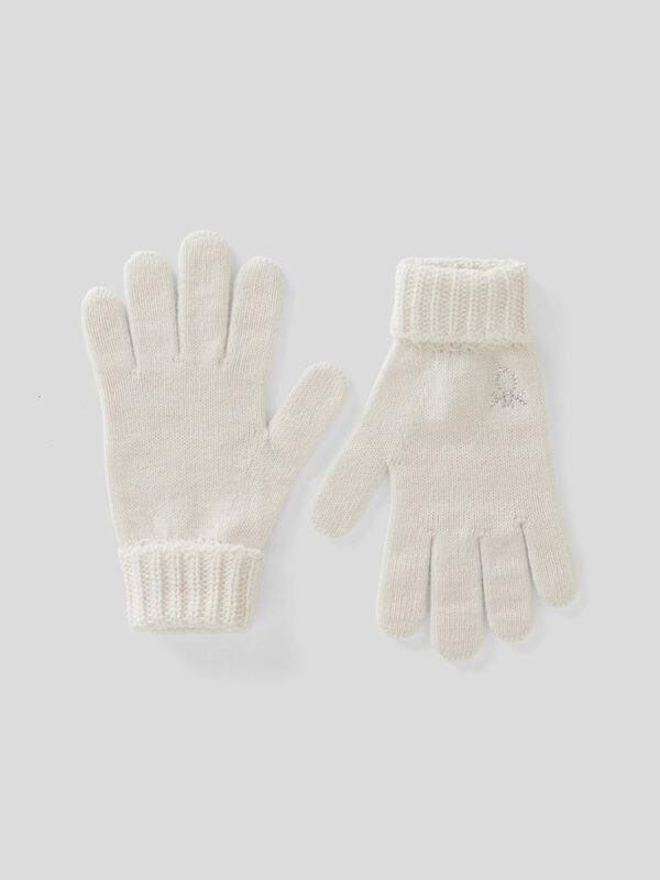 Gloves in wool blend with rhinestone logo Junior Girl