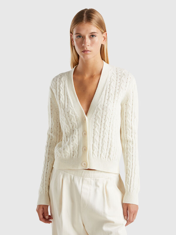 Boxy fit cardigan with cable knit and perforations Women
